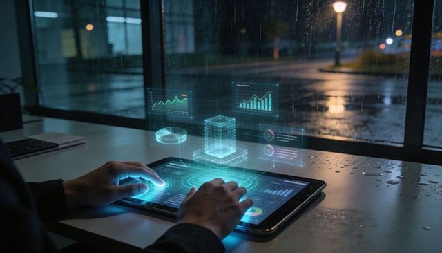 Hands Manipulating Holographic Tablet Dashboard Night Data Analytics and AI Visualization