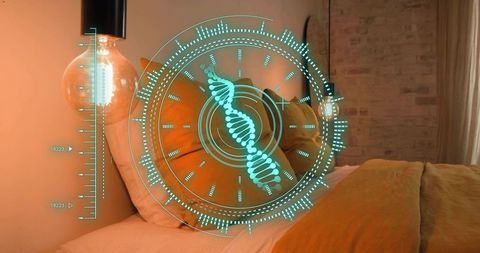 Projecting holographic dna helix over cozy bed with mustard duvet and exposed brick wall