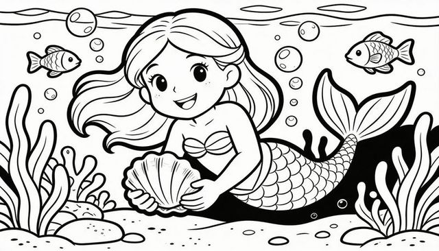 Smiling mermaid holding scallop shell with scaly tail and reef friends coloring page