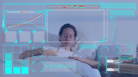 Sick Woman in Bed with Futuristic Digital Data Overlay