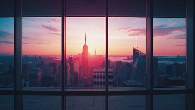 Scenic new york city skyline through glass windows at sunset