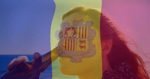 Woman enjoying refreshing drink at beach with vibrant andorra flag overlay