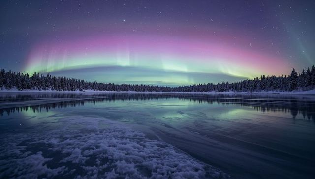 Dancing aurora arching over frozen lake reflecting colorful starry night