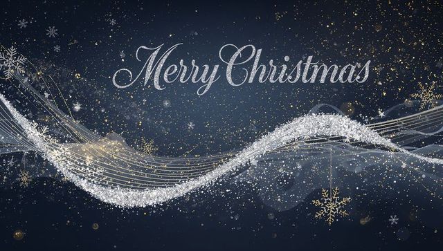 Elegant navy merry christmas script with silver glitter wave and gold snowflakes