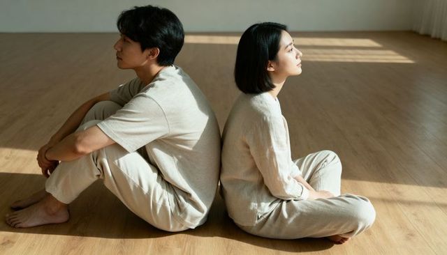 Asian couple sitting back-to-back in minimal sunlit interior wearing neutral loungewear