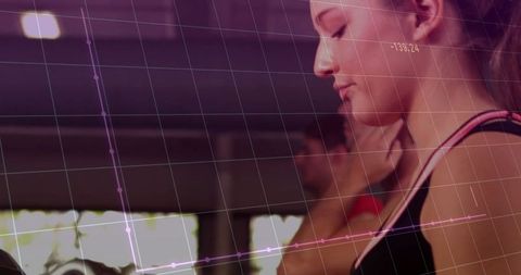Woman Running on Treadmill with Data Overlay in Gym