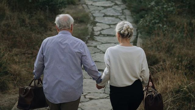 Senior couple walking hand-in-hand carrying leather travel bags on country stone path