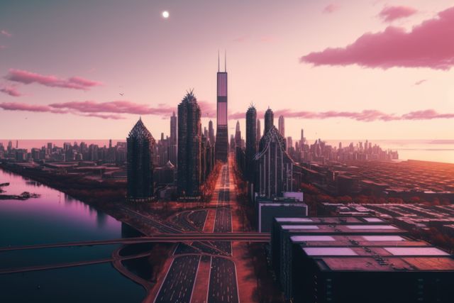 Depicting a futuristic city filled with towering skyscrapers against a beautiful sunset backdrop. The image showcases modern architecture and is ideal for use in technology articles, urban development presentations, and futuristic concept art. Perfect for creative projects requiring a high-tech city vibe or showcasing advancements in urban design.