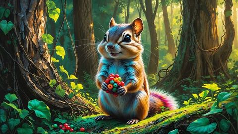 Chipmunk Holding Berries on Log in Lush Forest