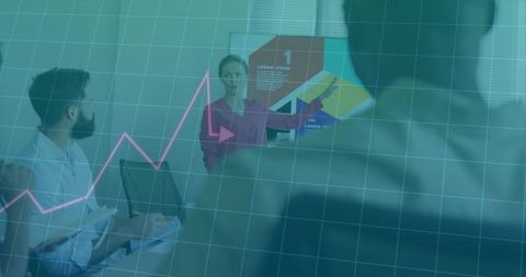 Presenter leading business meeting with infographic chart in conference room