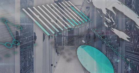 Data Center Aisle With Digital Analytics and Network Overlays