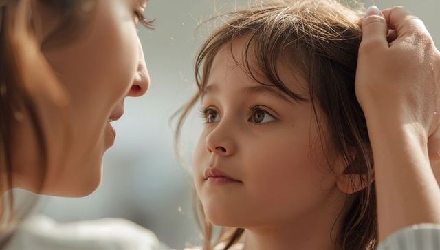 Mother tucking daughter's hair in tender closeup moment near window light
