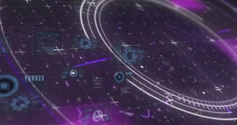 Rotating concentric hud rings with holographic panels and futuristic data interface