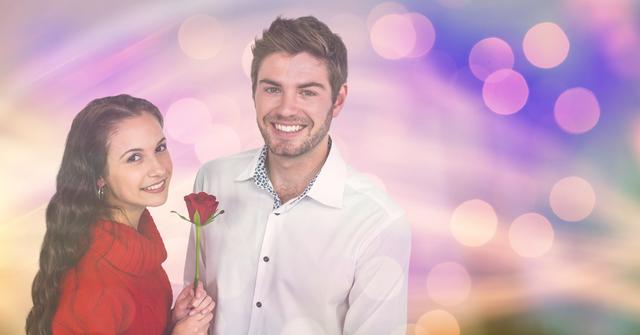 Young couple smiling while woman holds a red rose with a dreamy bokeh lights background. Perfect for Valentine's Day promotions, relationship blogs, romantic event invitations, and advertising love-themed products or services.