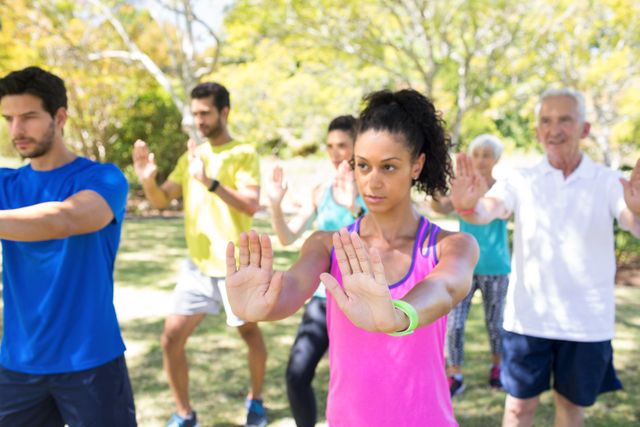 Group of diverse individuals practicing tai chi in a park on a sunny day. Ideal for promoting outdoor fitness, wellness activities, and healthy lifestyle choices. Suitable for use in articles, advertisements, and social media posts related to physical activity, mindfulness, and community health programs.