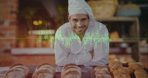 Smiling baker leaning on rustic counter with artisan loaves and green waveform overlay
