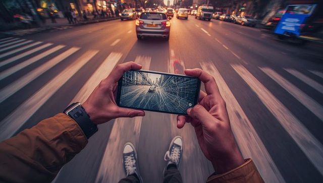 Commuter Holding Cracked Smartphone Camera View Urban Lifestyle at Dusk