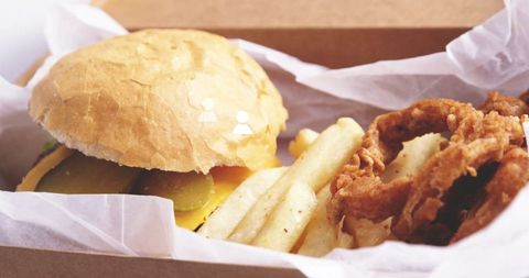 Cheeseburger with Fries and Onion Rings, Takeout Meal