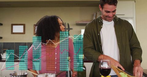 Couple cooking together with business data overlay for lifestyle and culinary teamwork concept