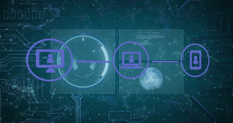 Futuristic Digital Network Interface with Data Processing Icons