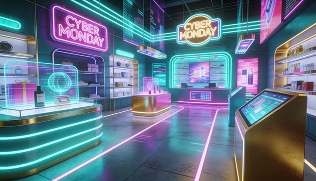 Futuristic cyber monday retail floor with neon holograms and interactive touchscreens