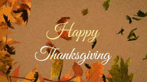 Happy Thanksgiving Greeting with Floating Fall Leaves on Orange