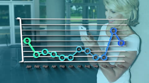 Visual of professional woman digitally analyzing financial data using a smartphone. Overlay of a business chart showing trend changes by month. Suitable for illustrating concepts in global business analysis, strategic decision-making, or digital finance tools.