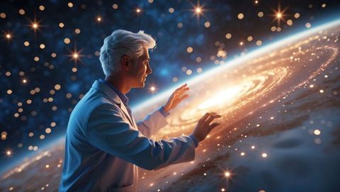 Astrophysicist manipulating holographic galaxy in futuristic lab