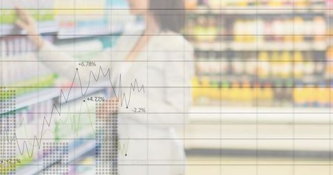 Female shopper using mobile phone while browsing supermarket shelves with sales graph overlay