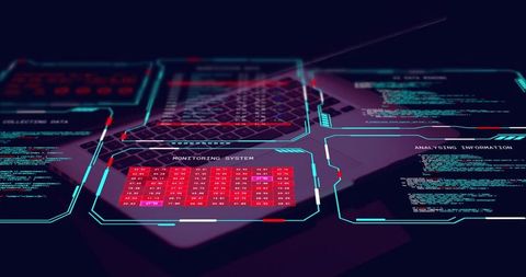 Projecting holographic dashboard pulsing over dark workstation displaying neon monitoring grid