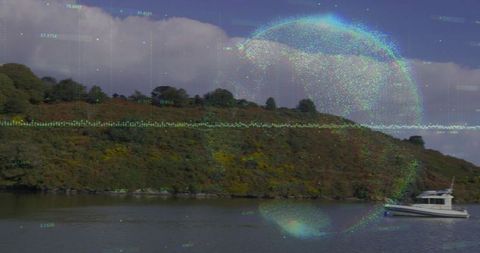 Scenic Boat Ride with Futuristic Digital Display Overlay