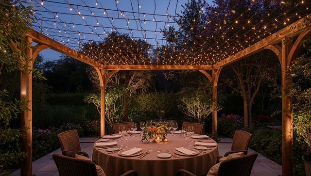 Romantic dining under twinkling pergola lights at dusk with candlelit floral centerpiece