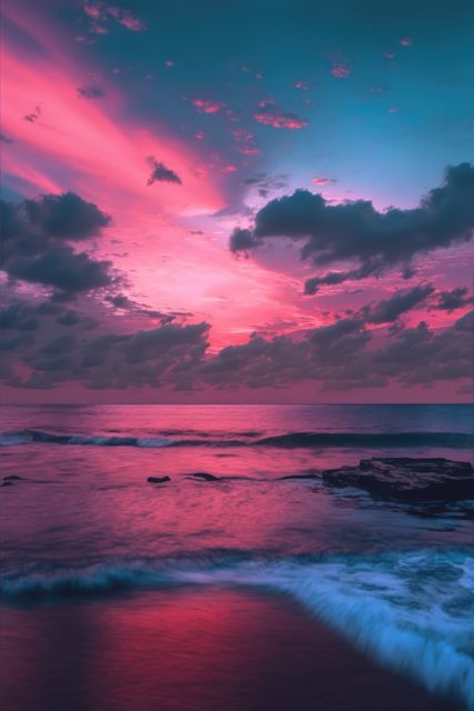 Magnificent pink and blue sunset over ocean waves and rocky shore - Download Free Stock Images Pikwizard.com