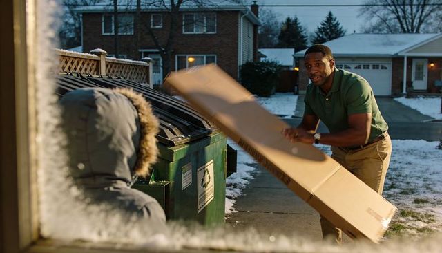 Man placing cardboard into recycling dumpster on snowy suburban driveway at dusk