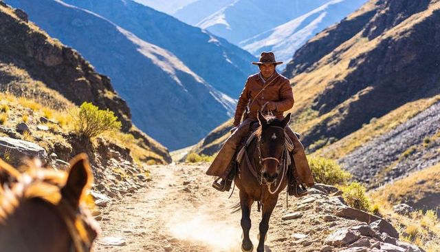 Sunlit cowboy riding narrow mountain pass on dusty trail, rugged saddle journey