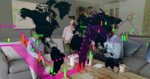 Global market analysis meeting reviewing financial charts overlaid on living room collaboration