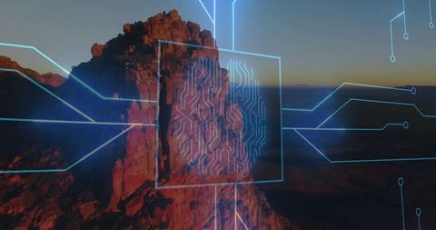 Innovative Holographic Interface Over Desert Mesa at Dusk