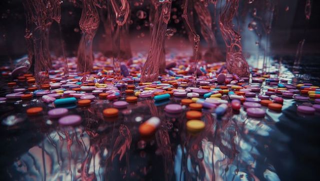 Abstract surreal mix of flowing pink tendrils and colorful tablets