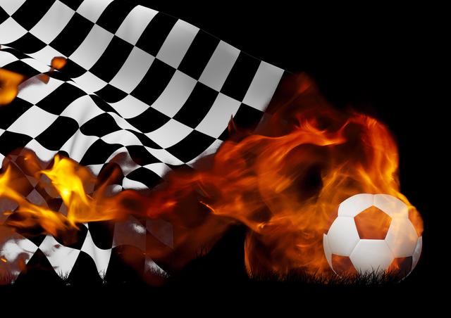 Digital composition of checkered flag and soccer ball with flames against black background