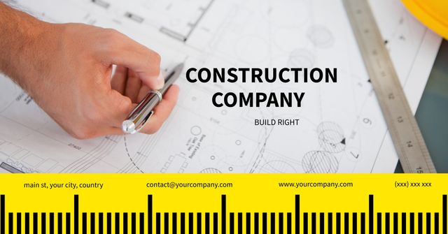 The image displays a hand writing on a blueprint surrounded by drafting tools. Ideal for showcasing themes related to construction planning, architectural design, engineering education, or meticulous project management. Suitable for use in brochures, websites, presentations, or advertisements for construction companies, architecture firms, or educational purposes in engineering and design.