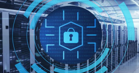 Network Security Interface with Padlock in Modern Server Room