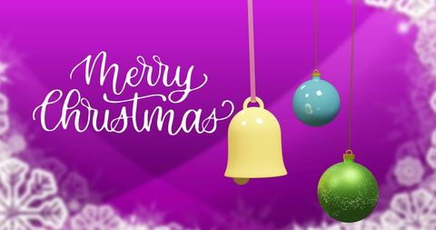 Christmas greeting with ornaments on purple background