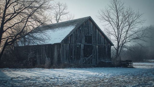 Weathered Wooden Barn Standing in Snowy Field at Misty Winter Dawn