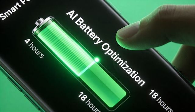 Tapping smartphone ai battery optimization interface with glowing green power meter status