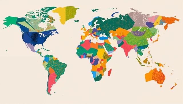 Patchwork world map with colorful patterns on beige canvas for travel and education
