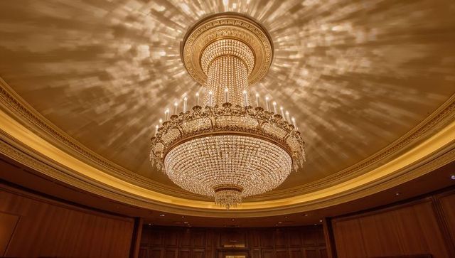 Opulent crystal chandelier casting starburst light on domed ballroom ceiling