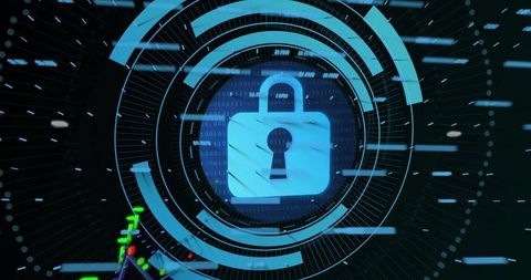 Glowing Digital Lock Securing Network with HUD Rings and Binary Code Visualization