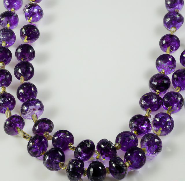 Close-up of a beautiful purple amethyst bead necklace featuring golden clasps. The bright purple beads and golden connectors convey a sense of luxury. Ideal for use in fashion blogs, online jewelry stores, accessory advertisements, and gemstone-related content.