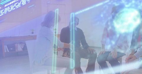 Seniors and adults sitting in support circle during counseling with blue holographic overlay
