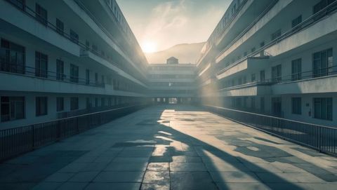 Urban courtyard with dramatic sunset shadows